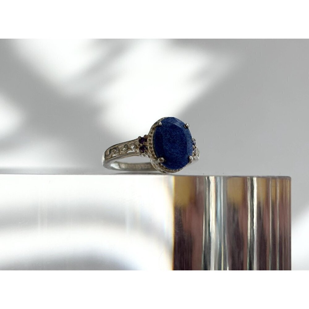 Lapis Lazuli Oval Cut Ornate Cutout Sterling Silver Vintage Ring - sz 4.75 - Picture 5 of 10